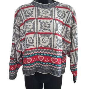 Hot Cashews Sweater Floral/Heart Design Gray White Classsic Cropped Shirt